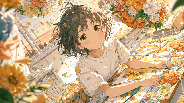 Anime illustration of a smiling child making crafts and painting in a sunny classroom with autumn flowers, ribbons and colorful paper confetti flying, creative school art concept,夕陽の教室で花やリボンに囲まれて工作