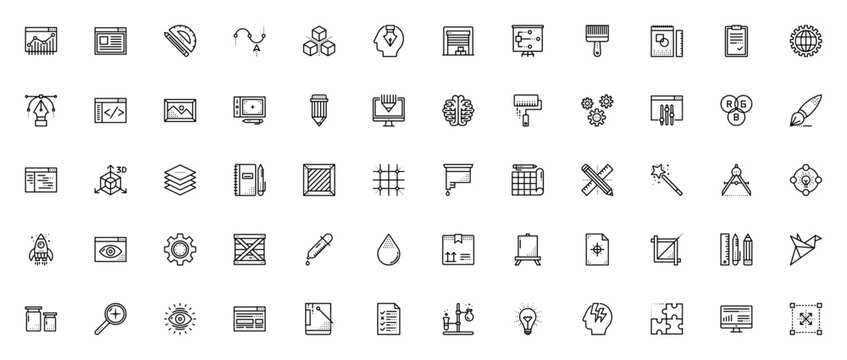 Design Development icon set. Minimal vector line icons pack. Includes symbols for browser, pencil, cubes, graphic designer, strategy, paint brush, settings, layers, blueprint, magic wand, compass, ide