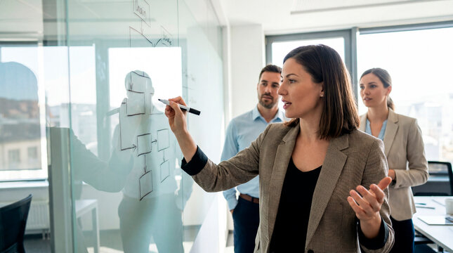 Businesswoman writing on glass whiteboard with sticky notes while presenting to team