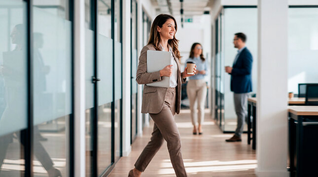 Businesswoman walking through office holding coffee while colleagues talk in background