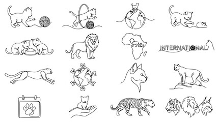 Continuous Line Art: Diverse Feline Collection - Domestic Cats, Lions, Leopards, Tigers © Dika
