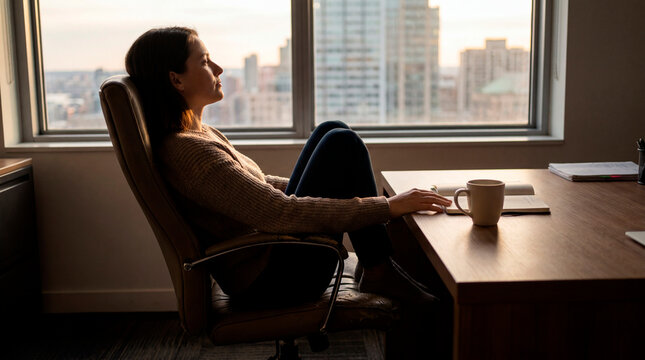 Businesswoman reclining at desk with coffee gazing out office window over city view