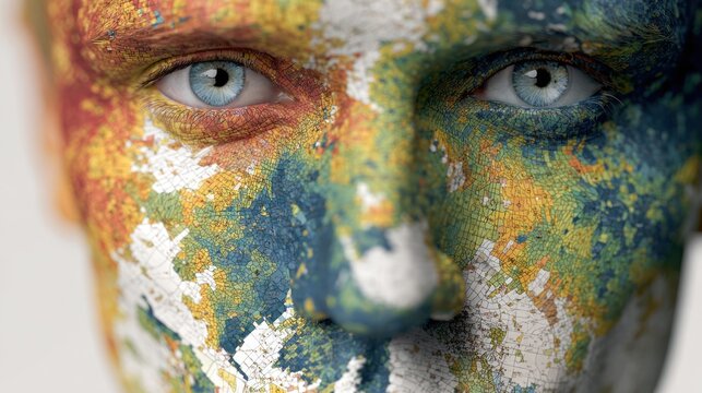 Close up of male face covered in thick colorful paint.