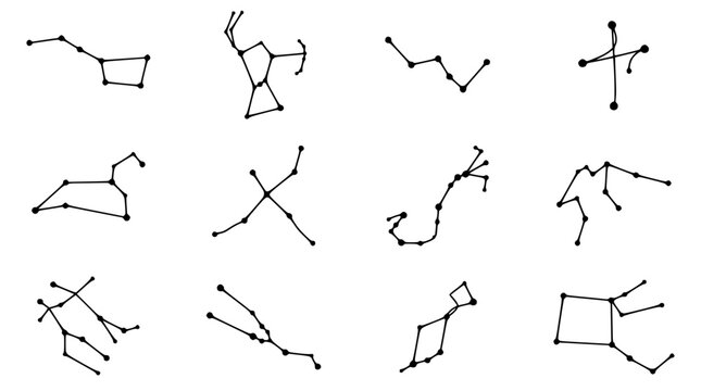 Hand-drawn Constellation Icons: Astrology Zodiac Signs & Celestial Patterns on White Background