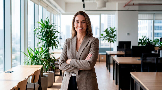 Businesswoman with arms crossed standing confidently in spacious sunlit open plan office