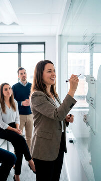 Businesswoman presenting on whiteboard with marker to attentive colleagues in office