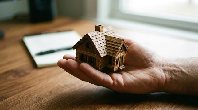 Hand holding a detailed wooden house model on a table with a soft focus background for creative concepts with cradling miniature wooden, model symbolizing home