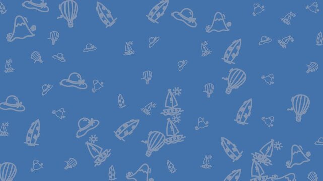 White line pattern icons featuring beach hats, surfboards, sailboats, hot air balloons, and more. Ideal for travel and summerthemed designs.