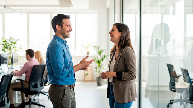 Businessman and businesswoman having casual conversation while standing in modern office