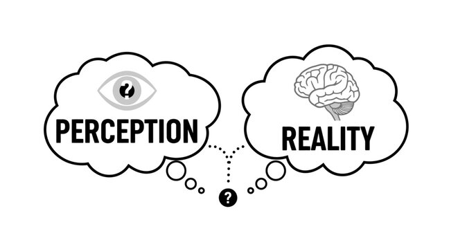 Conceptual illustration comparing perception and reality with thought bubbles containing an eye and a brain, highlighting the difference between subjective view and objective truth.