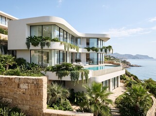 Fototapeta premium Modern Luxury Villa with Infinity Pool and Panoramic Ocean View on a Cliff