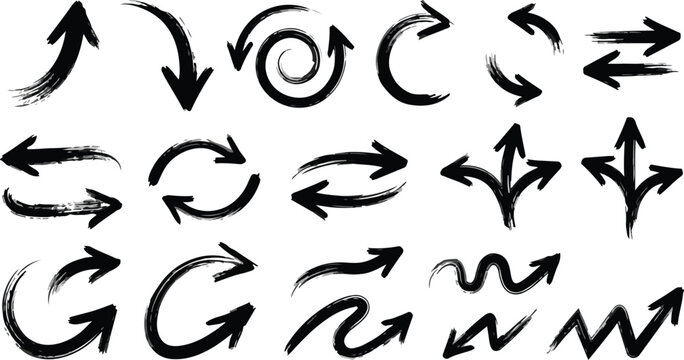 Collection of Black Grunge Arrows with Different Directions and Styles, Perfect for Graphic Design and User Interface Elements