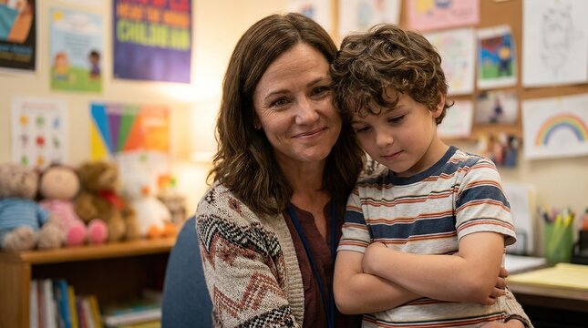 School counselor comforts a child in a cozy educational setting filled with colorful artwork and plush toys fostering emotional support with moment between school