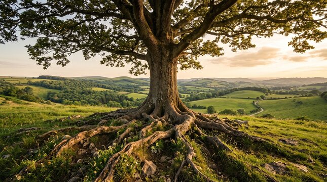 Majestic oak tree with roots in a scenic landscape at sunset