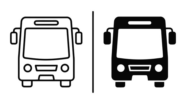 Vector illustration of set of bus icons, front view, outline and solid style on a transparent background