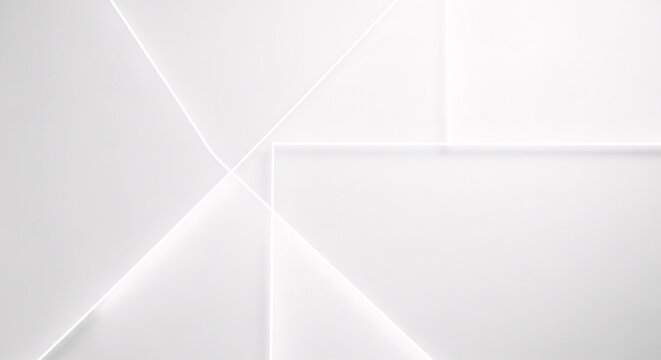 Minimalist abstract background, with thin white, glowing lines forming, geometric shapes and, sharp angles on, a smooth light, gray surface plane