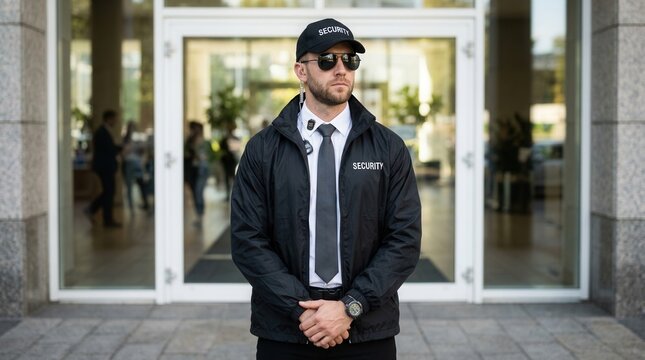 A security officer in a black jacket and cap monitoring an entrance.