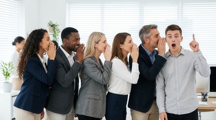Fototapeta premium A line of business professionals whispering news to one another in a modern workspace.