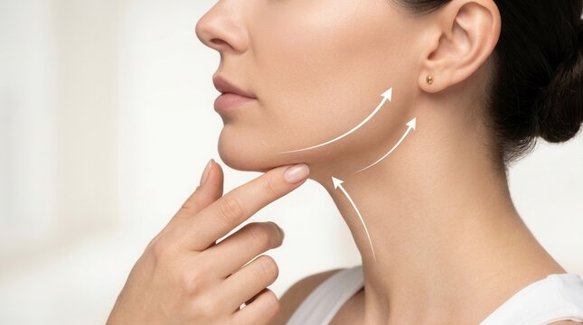 Side profile of a woman demonstrating the effects of a face lift on her chin.