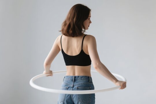 Woman in black sports bra and jeans holding a white hula hoop, viewed from the back against a neutral background