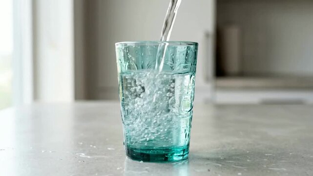 Pouring Water into Glass Creating Splash Effect.