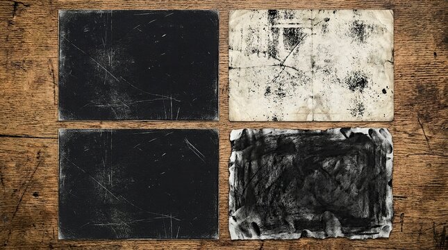 Four textured rectangles with distressed surfaces on wooden background for creative design with rectangles various, surfaces arranged, composition