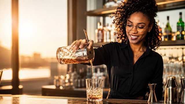 Smiling Black Female Bartender Pouring Craft Cocktail into Crystal Glass at Golden Hour Sunset Bar with Copy Space
