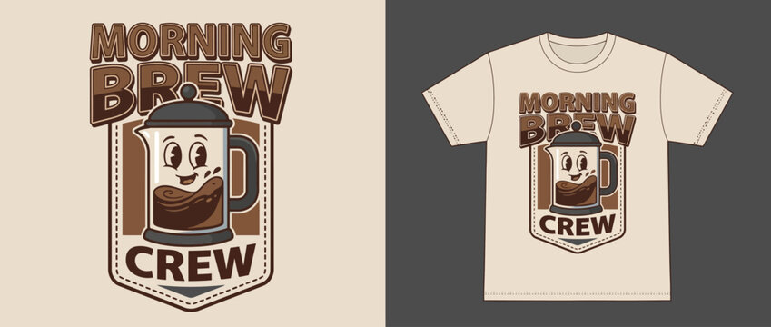 A quirky graphic of a coffee brew with a smiling face, representing the joy and camaraderie of coffee lovers, perfect for apparel aimed at morning enthusiasts and sociable gatherings.