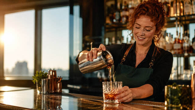 Focused Female Bartender in Apron Pouring Artisanal Shaker Cocktail at Rooftop Bar During Sunset with Copy Space