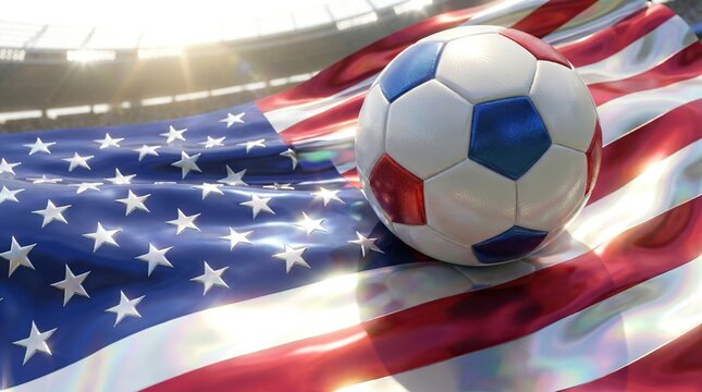 3d rendered soccer ball resting on a waving american flag in a bright stadium environment with set sports stadium ambiance, vibrant soccer, competition
