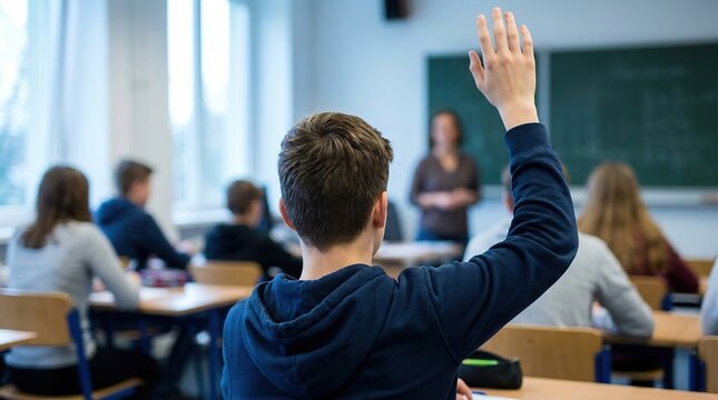 Engaged teenage boy raising hand in classroom setting to answer questions with classmates in background with classroom eager participate, captures teenage