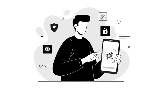 Man using smartphone for fingerprint authentication security technology.