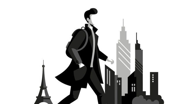 Man walking in city with iconic landmarks illustration.