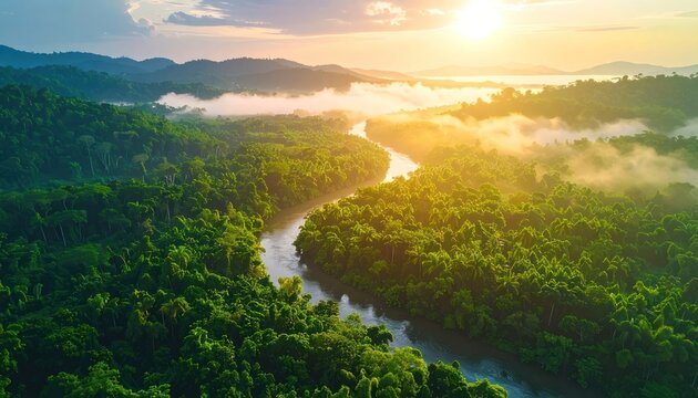 Aerial view of a lush green rainforest with a winding river bathed in the golden light of sunrise.