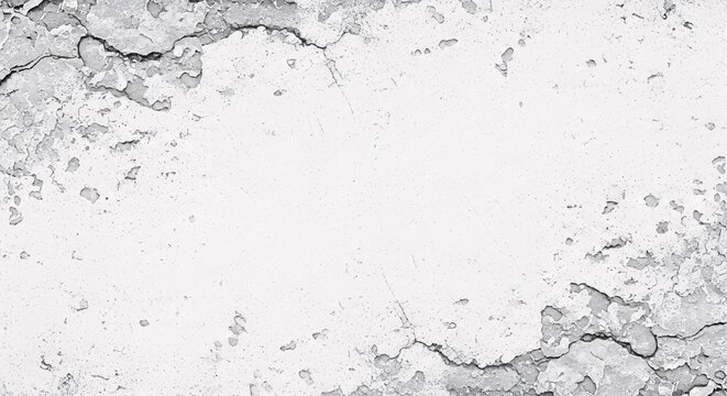 Weathered white concrete wall texture with deep cracks and peeling paint, showing a rough, aged surface with distressed industrial grunge details