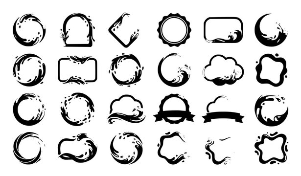 Collection of water splash circle, badge, cloud, and rounded rectangle frame borders with liquid wave vector design elements set