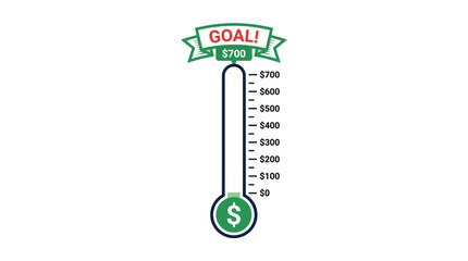 Naklejka premium A green and white financial fundraising thermometer reaching the seven hundred dollar goal status target icon