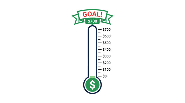 A green and white financial fundraising thermometer reaching the seven hundred dollar goal status target icon