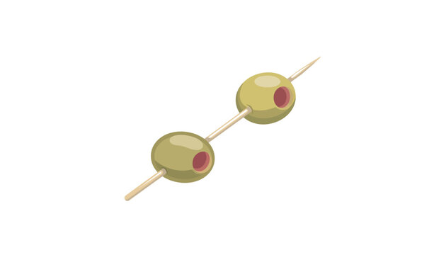 Two green olives on a wooden toothpick isolated on white background for cocktail decoration art