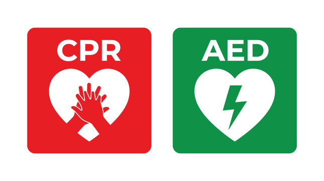 Two square safety signs with white heart icons representing emergency medical cpr and aed equipment