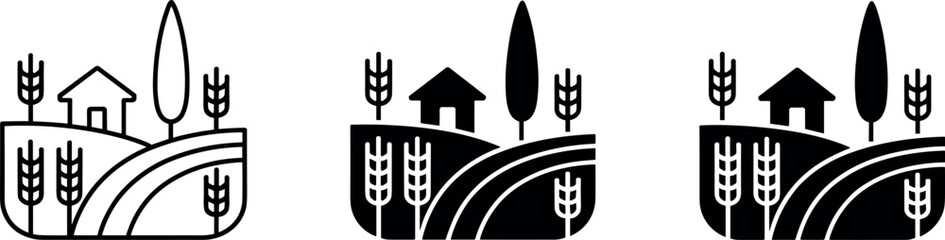 Rural farmland vector illustration set with line art and black silhouette countryside house and wheat fields © Soneka