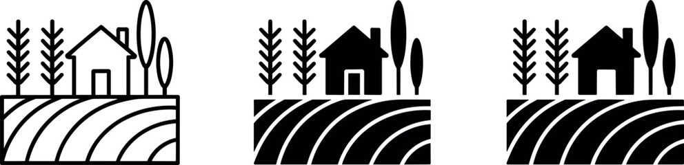 Rural farmland vector illustration set with line art and black  countryside house and wheat fields © Soneka