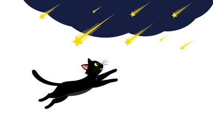 Black cat chasing shooting stars in night sky, whimsical illustration © Pratama