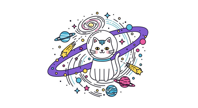 Cute Cat Astronaut Exploring Outer Space With Planets and Stars