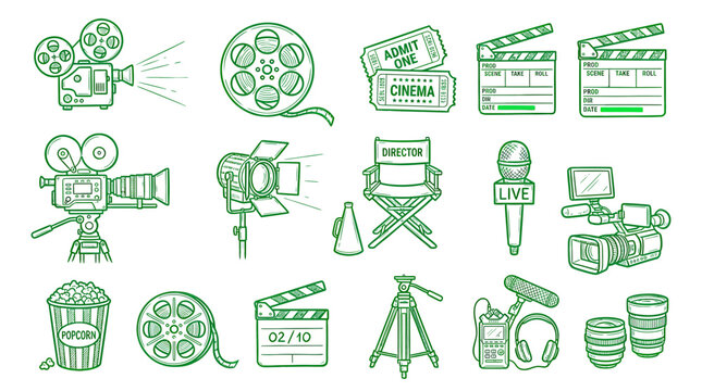 Film Production Icons Set: Cinema Camera, Clapperboard, Popcorn, Director Chair, Microphone