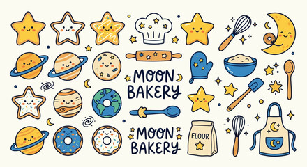 Fototapeta premium Cute Cosmic Baking Elements: Stars, Planets, Moon, Doughnuts, and Tools