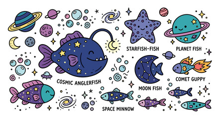 Naklejka premium Cute Cosmic Fish Characters with Planets and Stars
