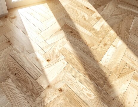 Sunlight streams across a beautifully laid wooden floor in a herringbone pattern.