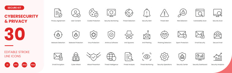 cybersecurity and privacy icon line style threat malware security firewall detection editable stroke vector set © BIJOLI