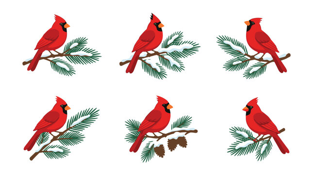 Set of pixel art red cardinals perched on snow-covered pine branches, winter nature illustration, festive holiday elements